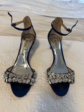 Badgley Mischka Navy Crystal Embellished Ankle-Strap Heels